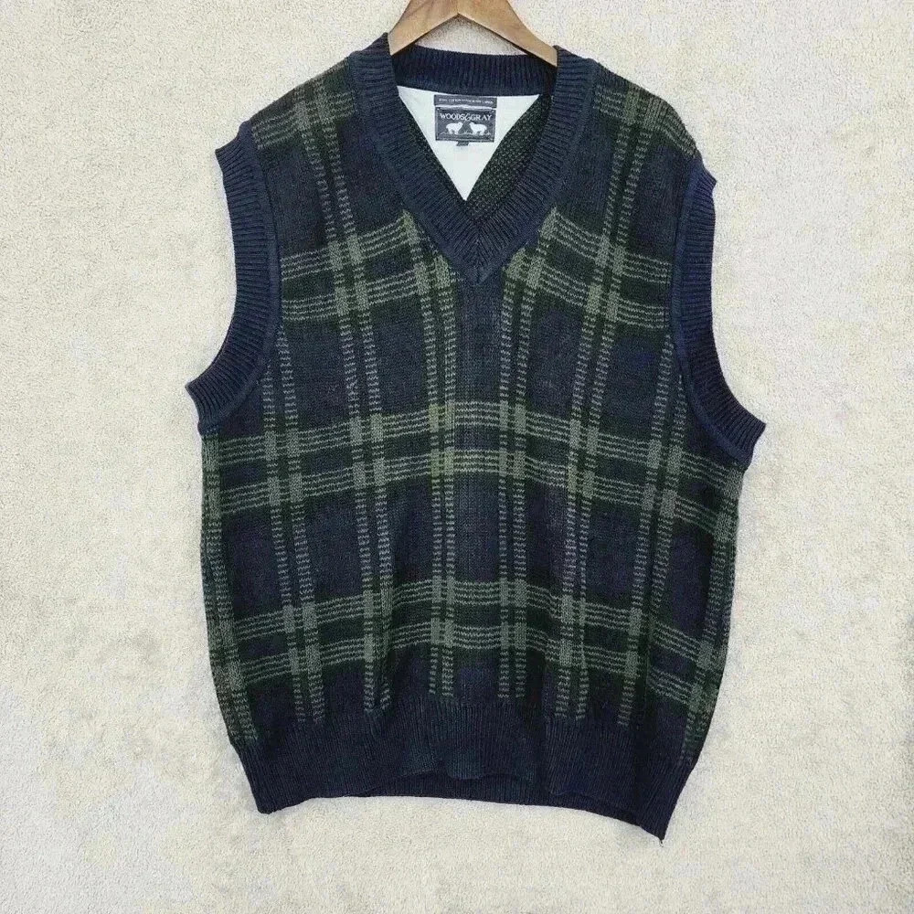 Woods & Gray Mens Plaid Knit Sleeveless Vest V-Neck 100% Cotton XL 10PT